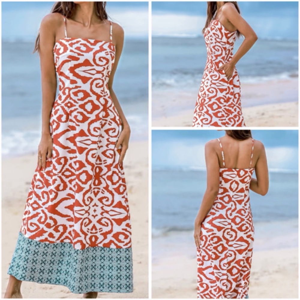 CUPSHE Brown & White Floral Print Spaghetti Strap Maxi Dress Size S Pockets NWT